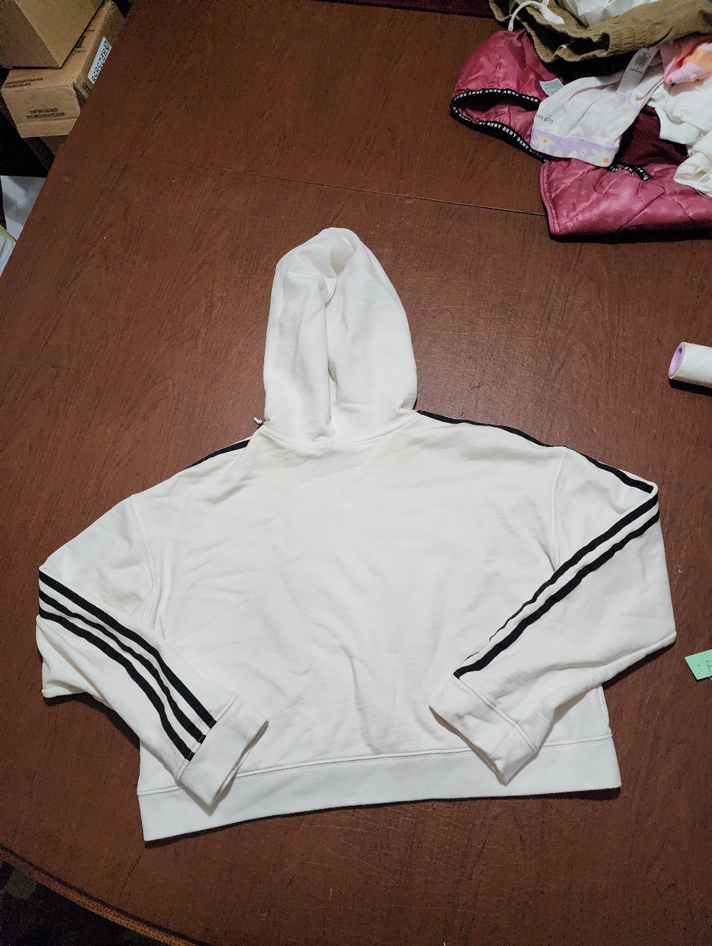 Adidas White Cropped Hoodie with Black 3-Stripes - Picture 10 of 10